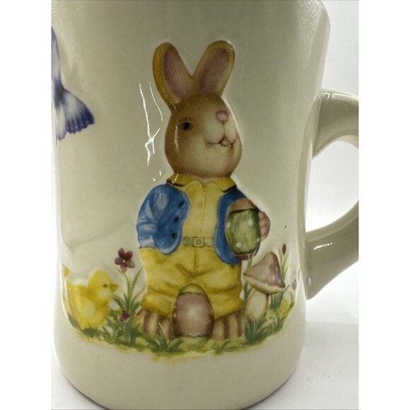 Coffee Cup Mug Rabbit Drinking With Baby Chick Butterfly Mushroom Flowers - Picture 2 of 5